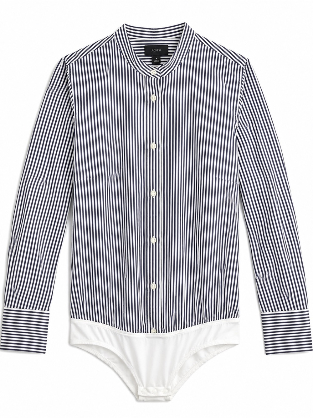 J. Crew Dark Navy and White Striped Band-Collar Bodysuit Shirt - Picture 2 of 6